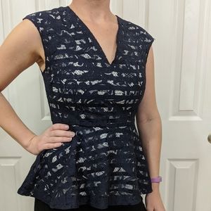 NY & Co Navy Lace Over Striped Peplum Top Size S